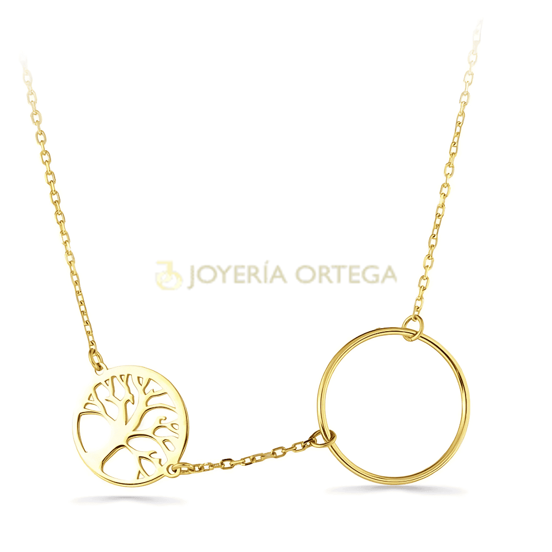 Collar dorado con diseño de árbol y círculo.