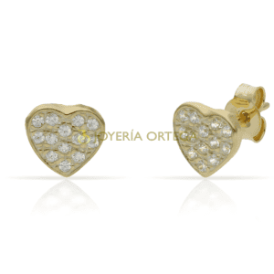 Pendientes corazón dorado con brillantes incrustados.