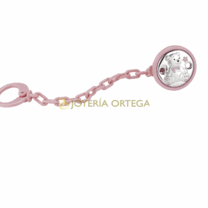 Chupetero rosa con osito, cadena y clip.