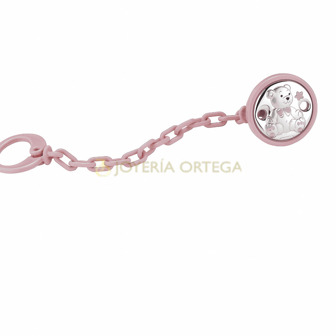 Chupetero rosa con osito, cadena y clip.