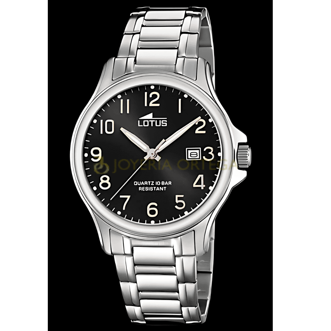 Reloj metálico con esfera negra y números blancos