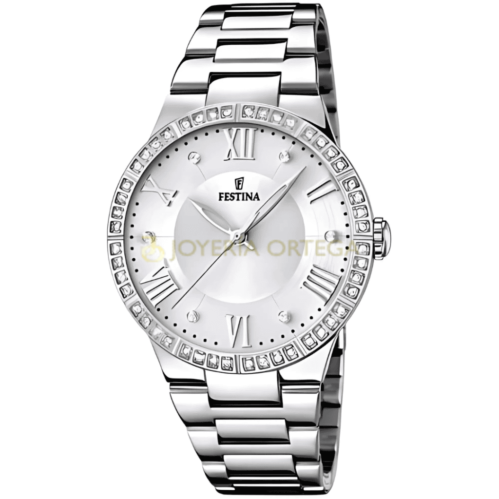 Reloj de pulsera plateado elegante con cristales.