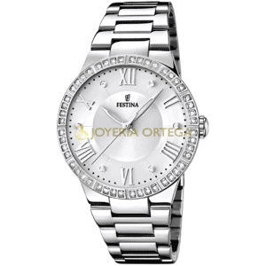 Reloj de pulsera plateado elegante con cristales.